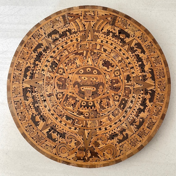 Wood Mosaic Round Wall Art of Aztec Calendar Cuauhxicalli - Picture 1 of 8
